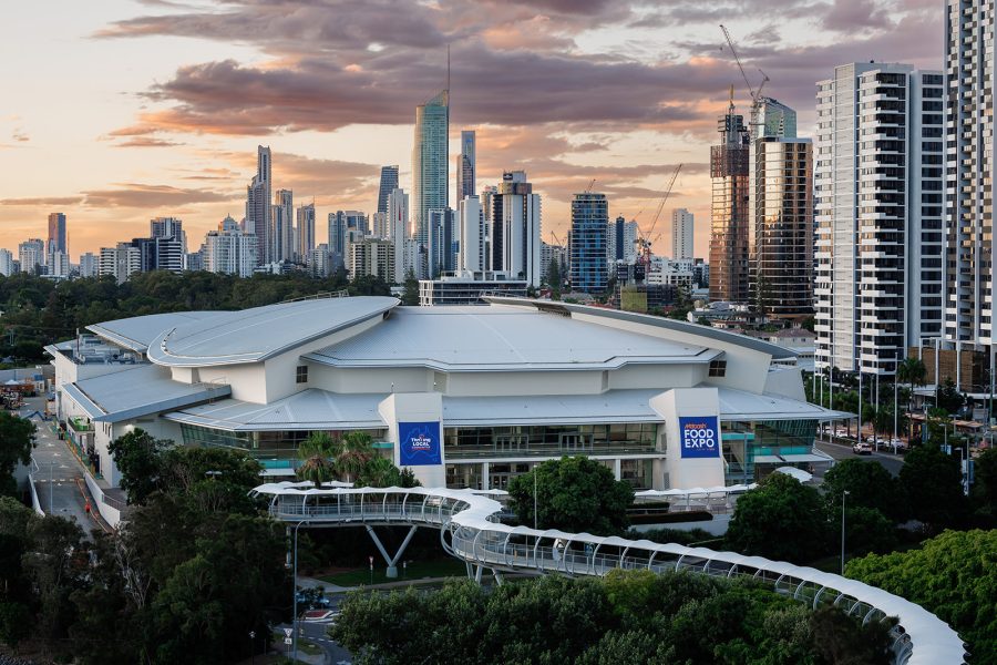 Overlooking the Gold Coast Convention and Exhibition Centre with Surfers Paradise in the background at sunset